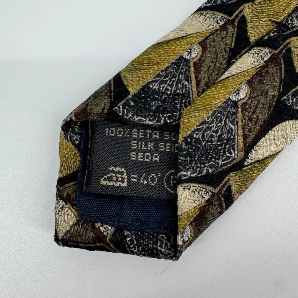 Ermenegildo Zegna Tie Silk Geometric Pattern Gold Black Italy Made Mens Neckwear